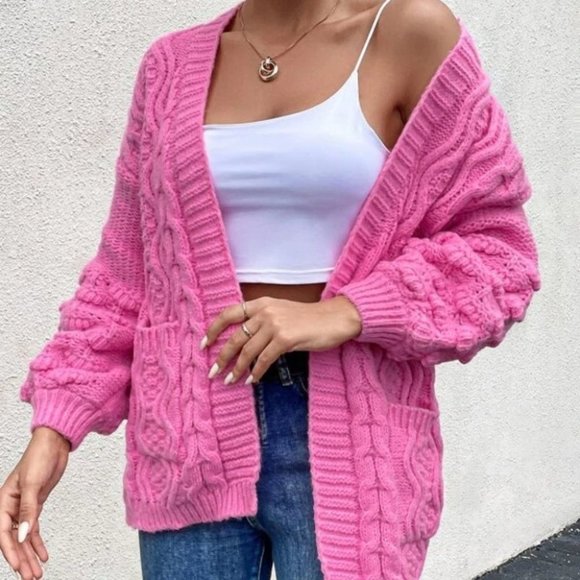Open Front Pocketed Cable Knit Sweater Duster Cardigan Pink - Picture 4 of 6